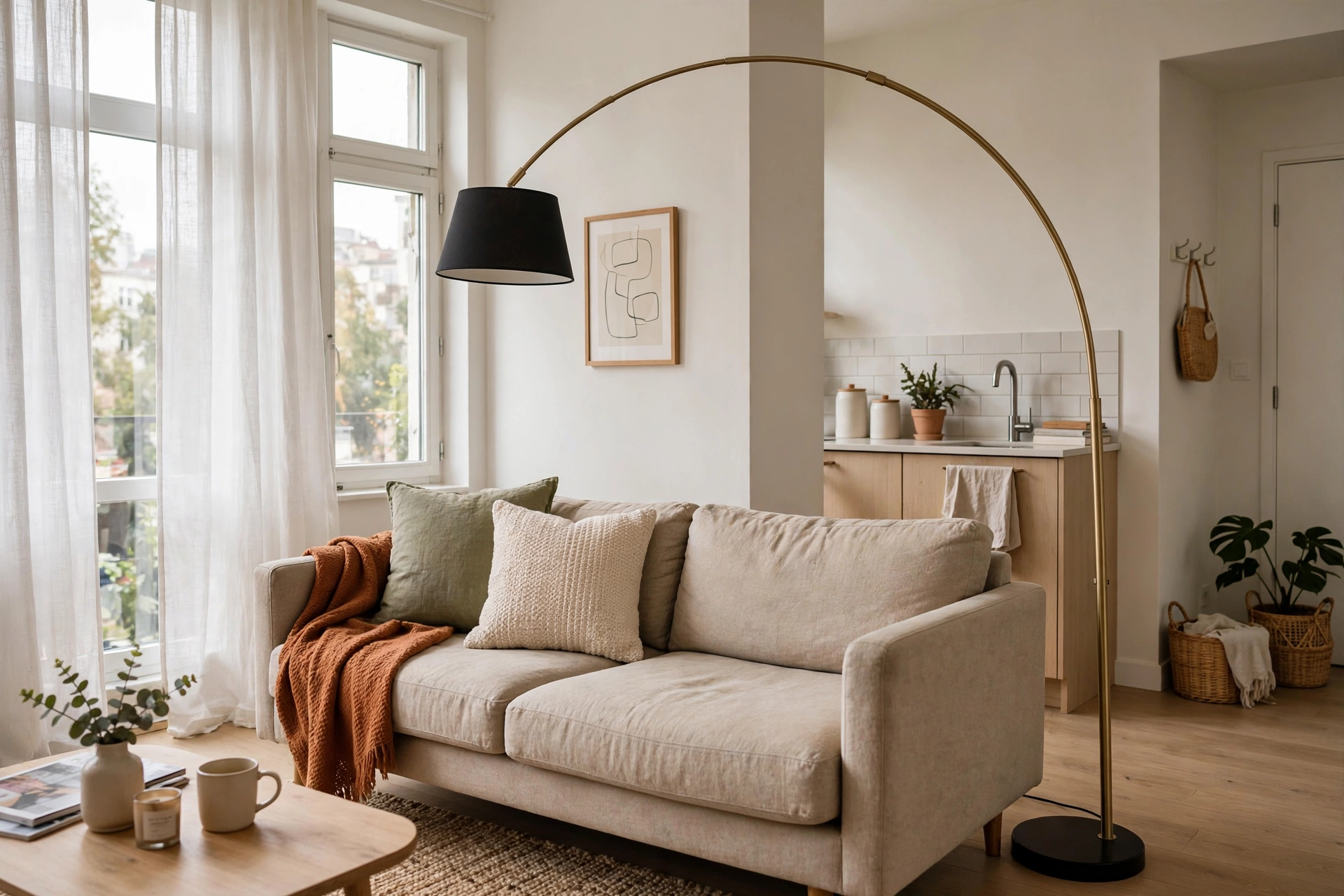 Arc floor lamp curving over a sofa in a rental studio apartment living area