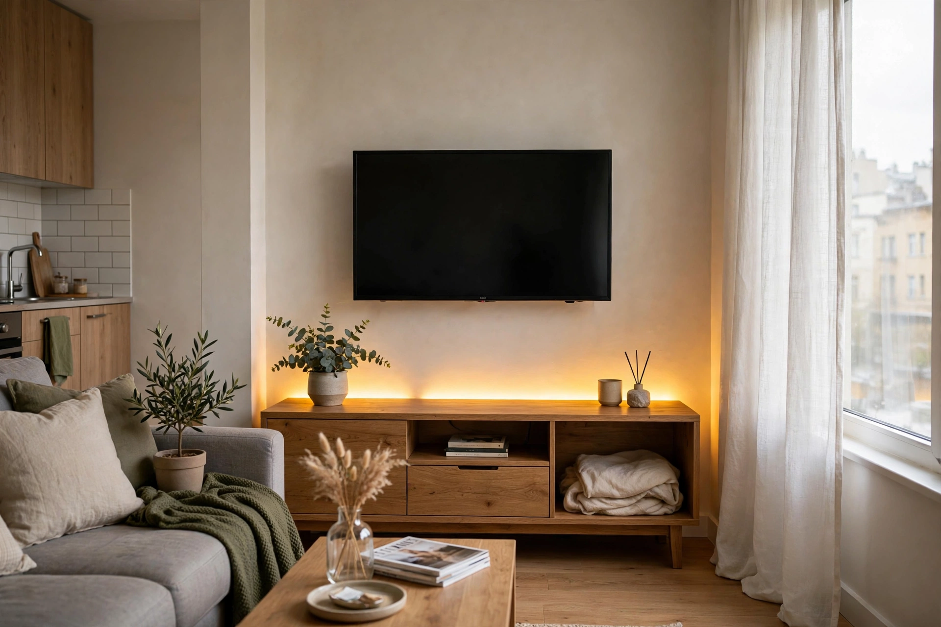 Warm LED strip lights glowing behind a TV console in a rental studio apartment