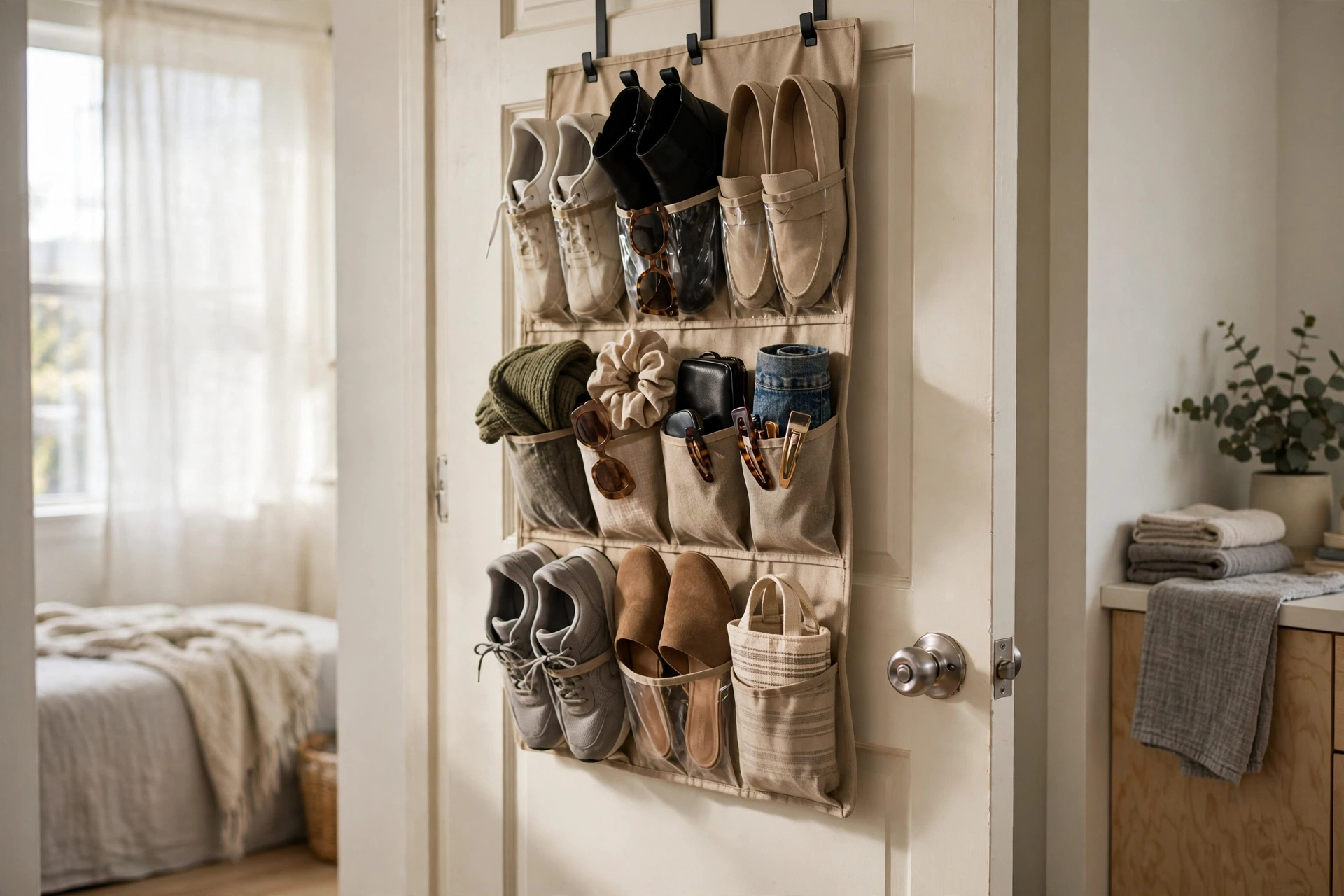 Over-door organizer with shoes and accessories on a closet door in a rental studio