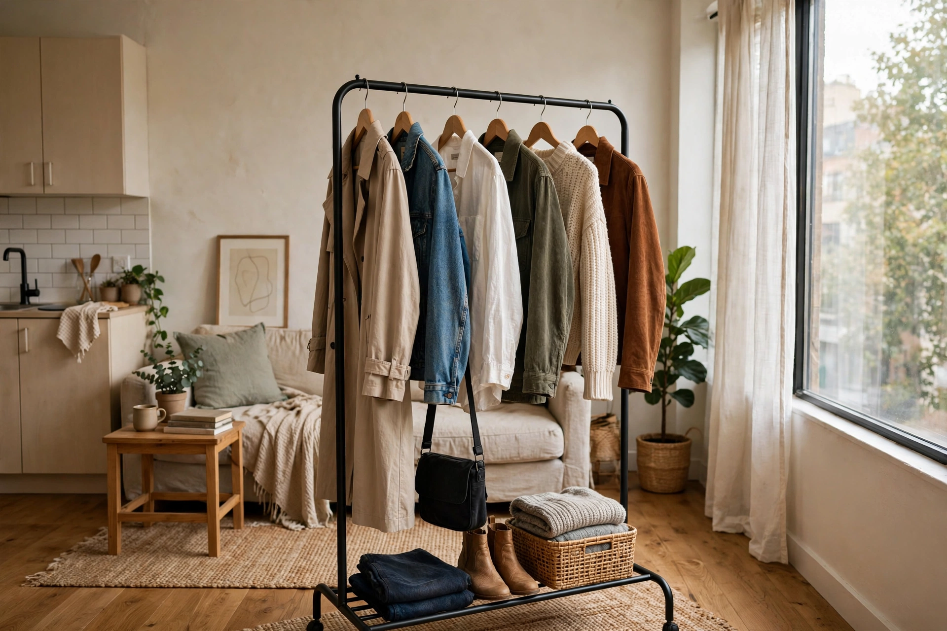 Stylish freestanding garment rack with curated clothing in a rental studio apartment