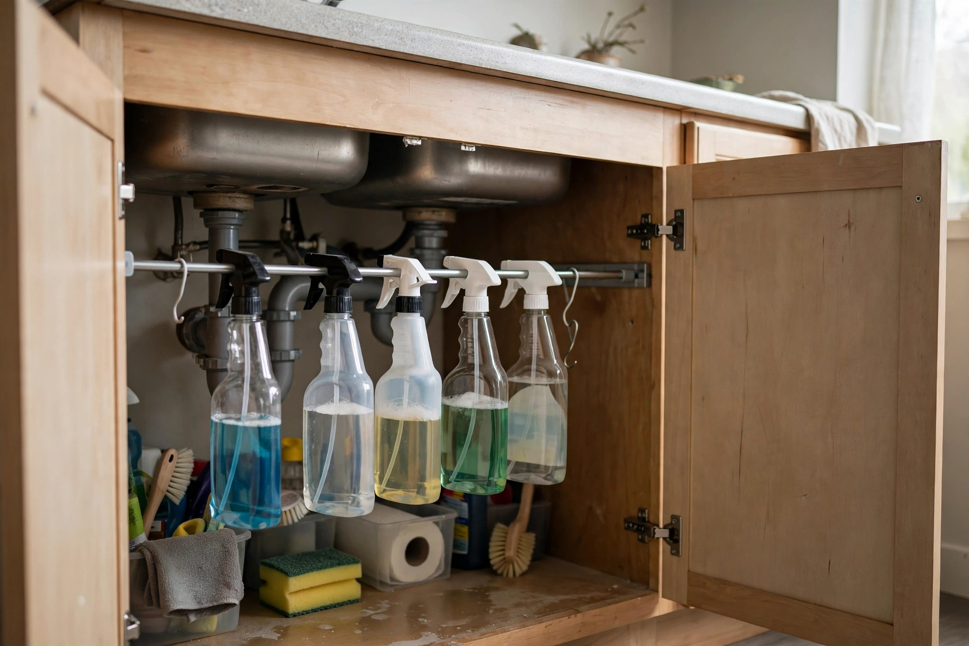 Tension rod with hanging spray bottles under a sink cabinet in a rental studio kitchen