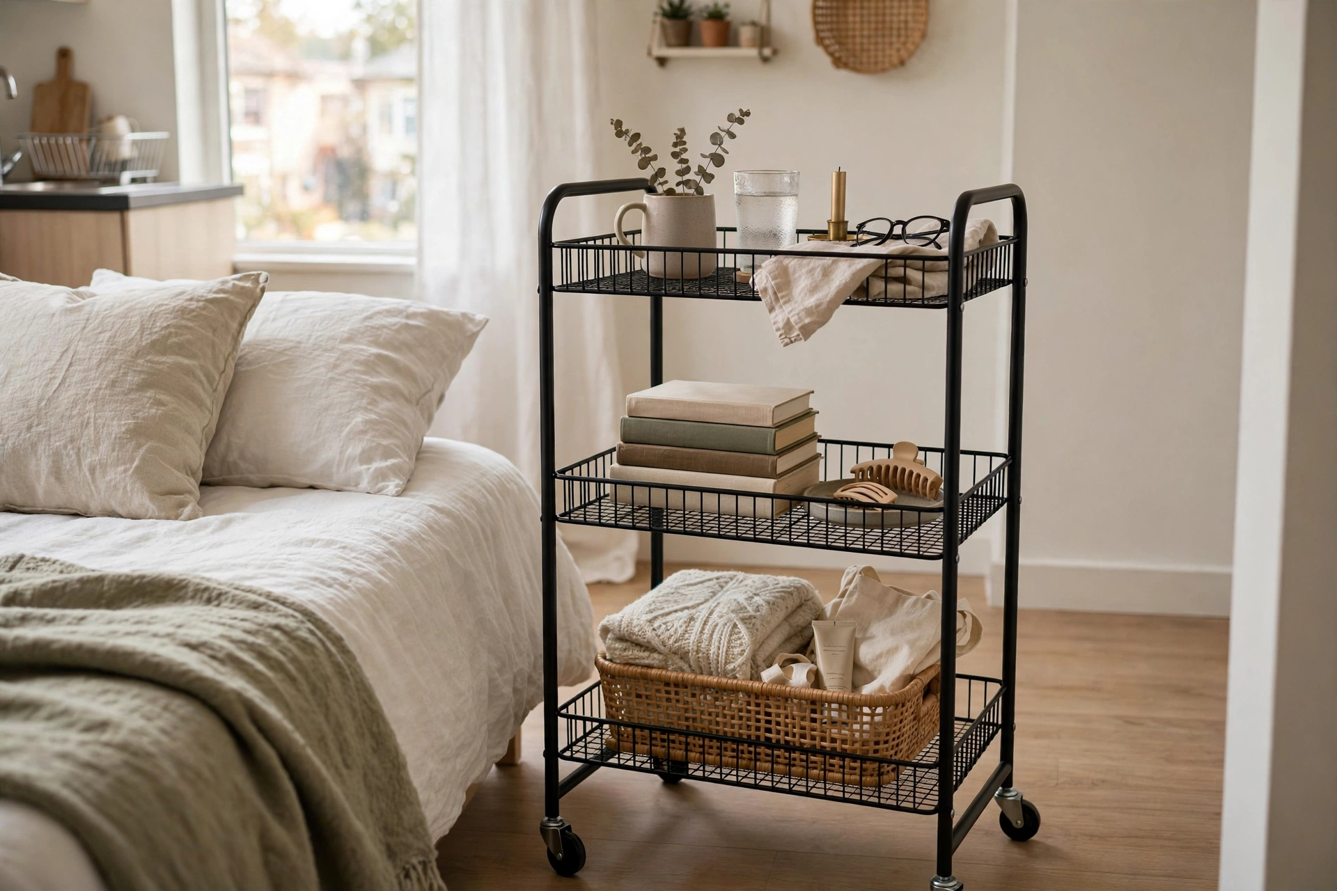 Three-tier rolling cart organized as a nightstand in a rental studio apartment