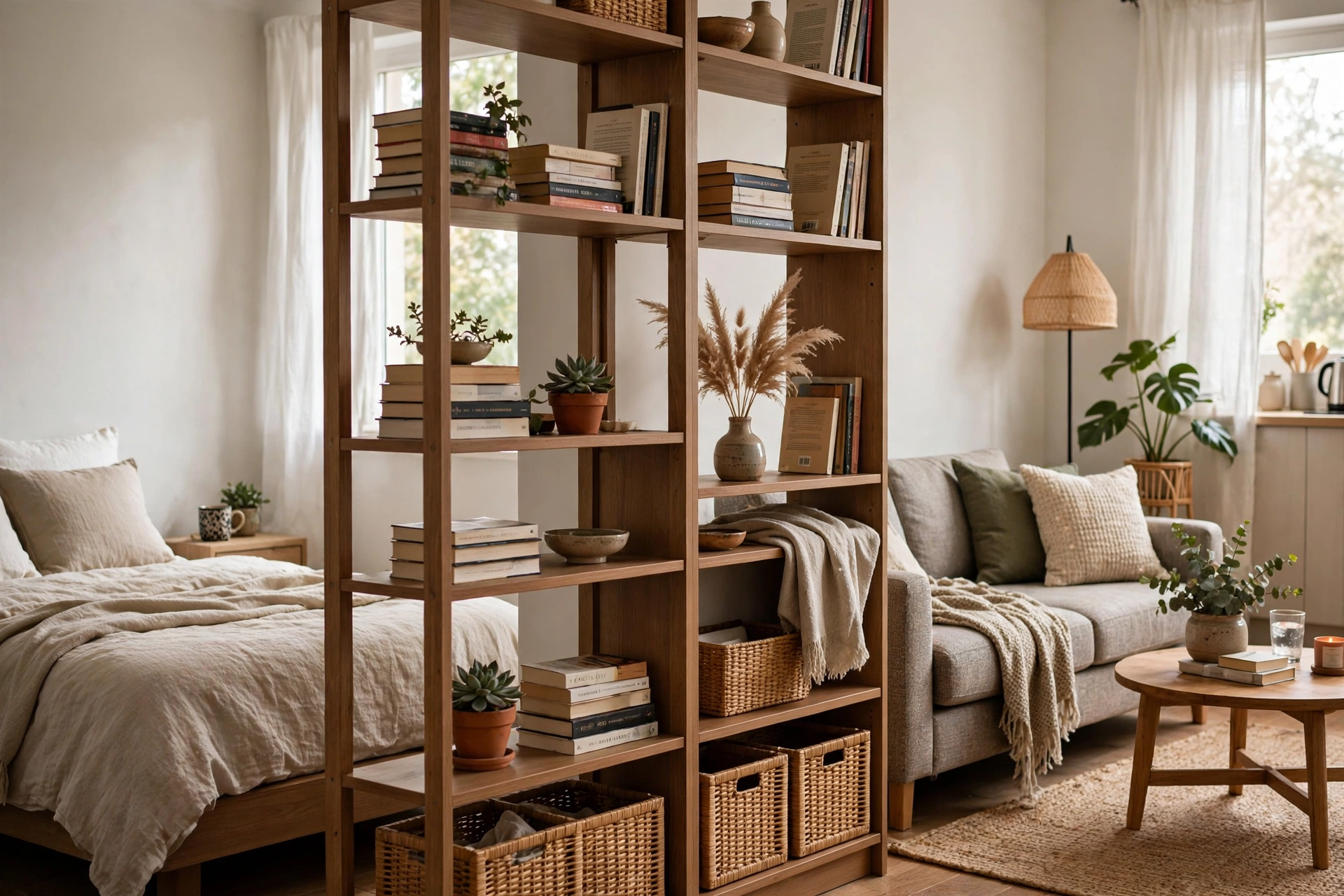 Open bookcase used as a room divider between bed and living zones in a rental studio