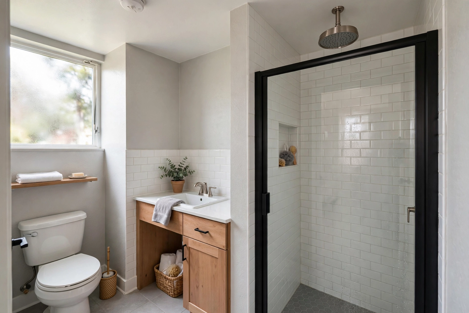 Modern rainfall showerhead installed in a rental studio apartment bathroom