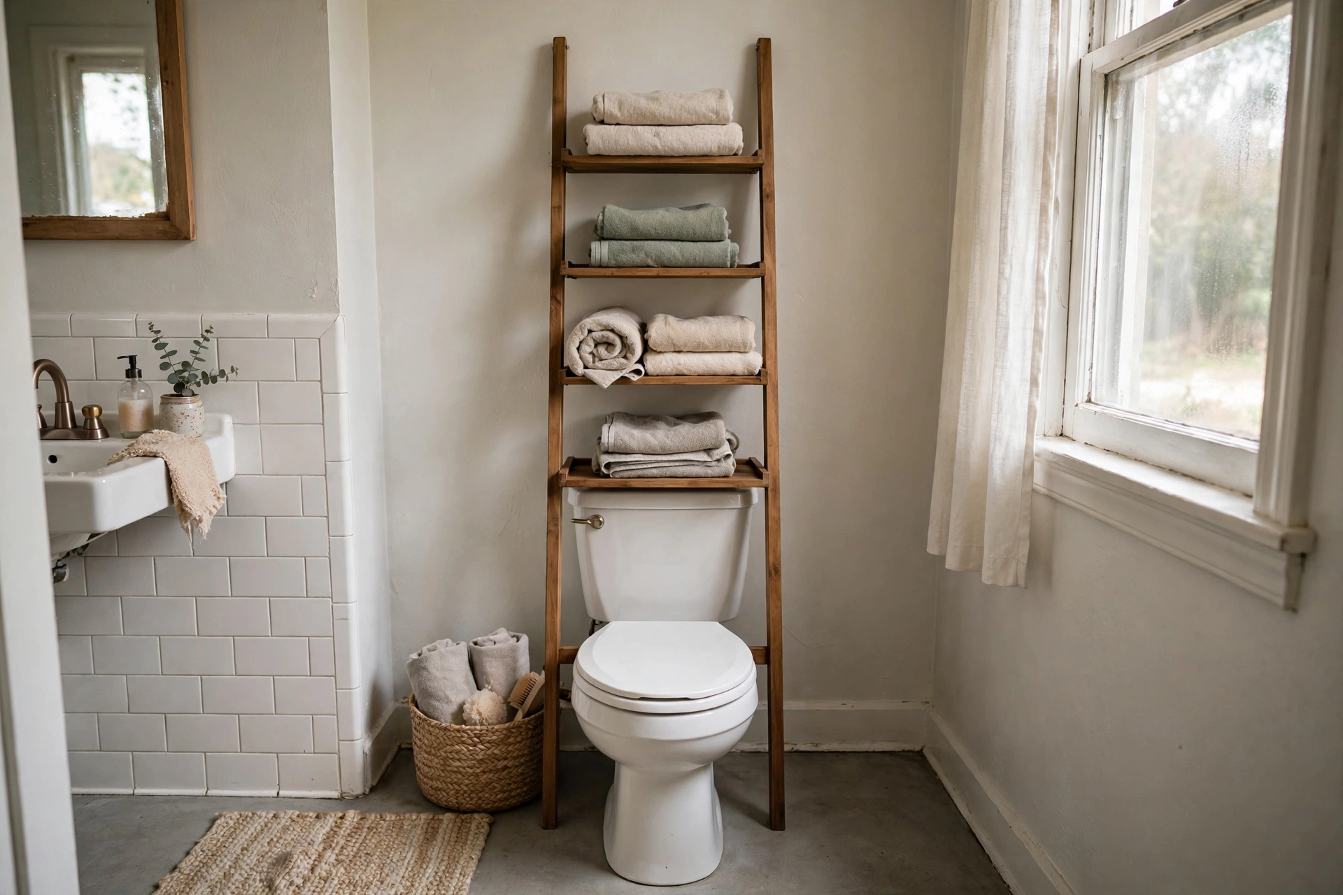 Freestanding over-toilet ladder shelf with towels in a rental studio bathroom