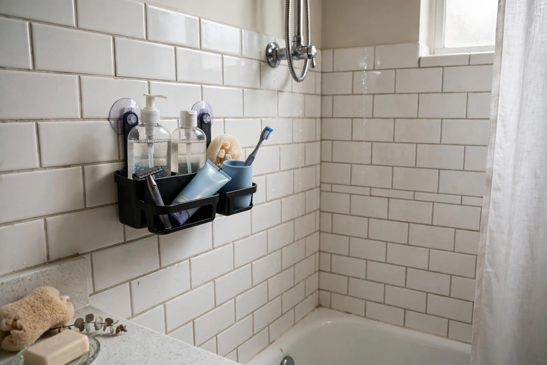 Suction-cup shower caddy holding toiletries on tile in a rental studio bathroom