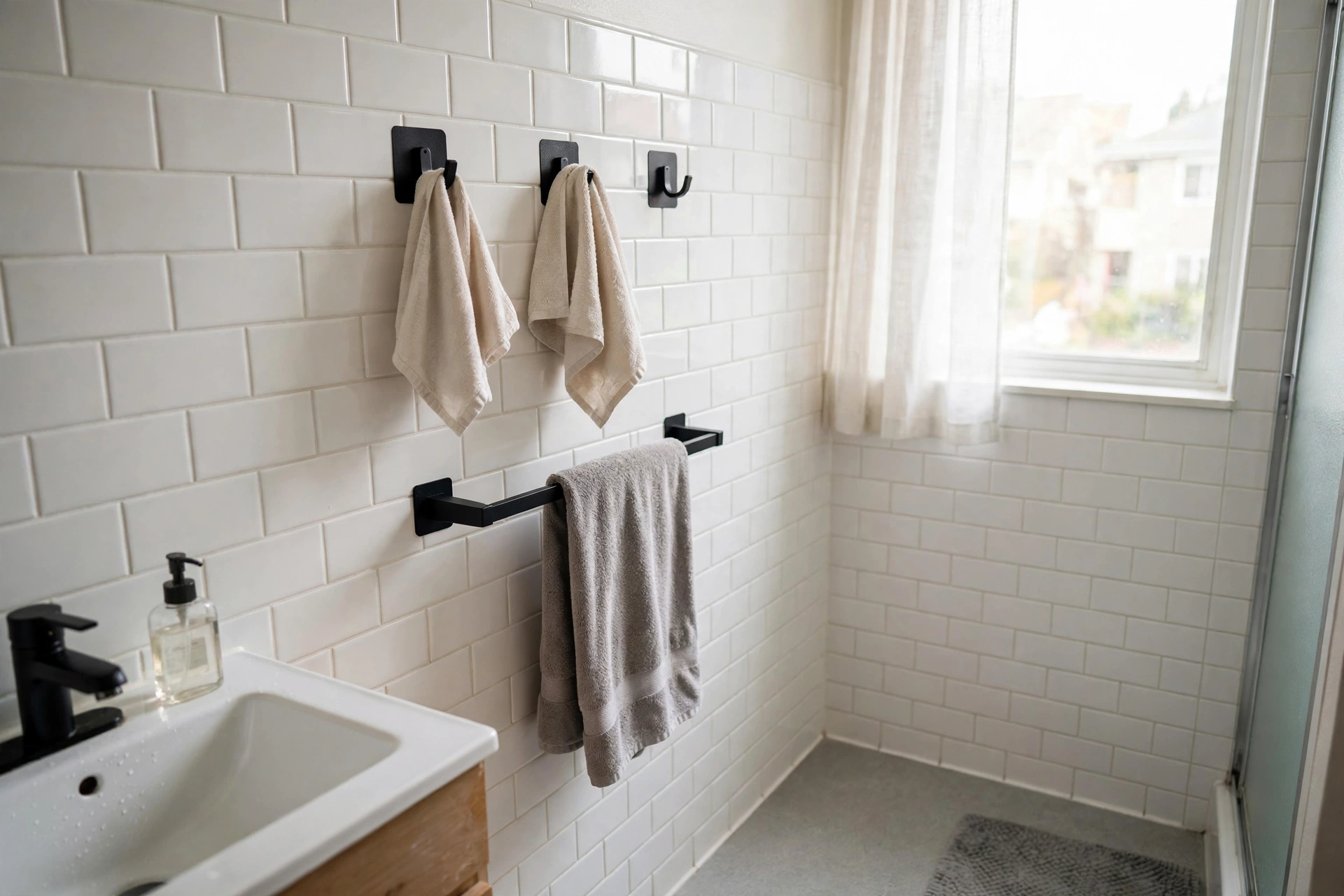 Adhesive towel hooks and bars on bathroom tile in a rental studio apartment