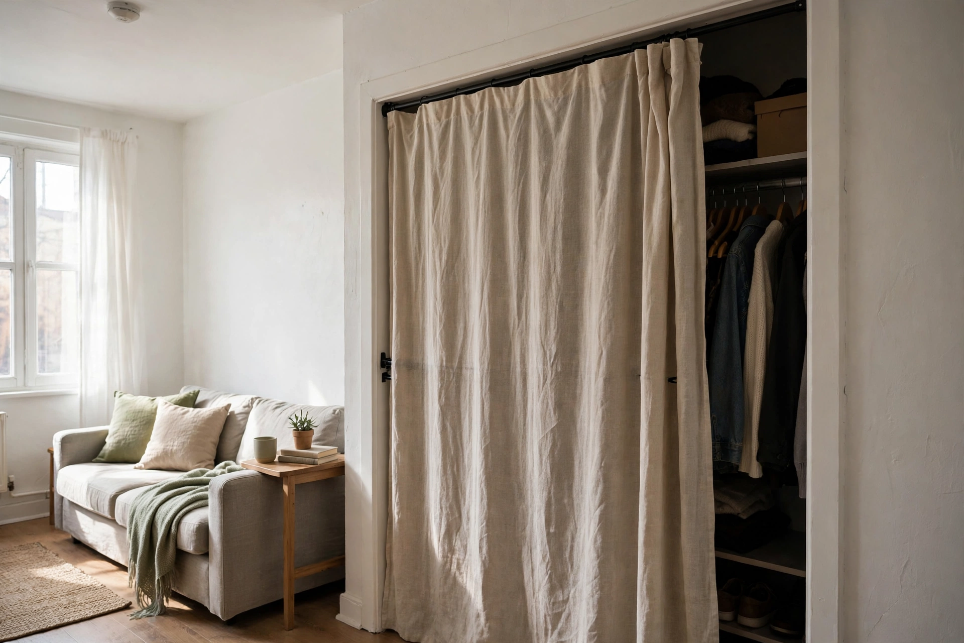 Fabric curtain on a tension rod covering an open closet in a rental studio apartment