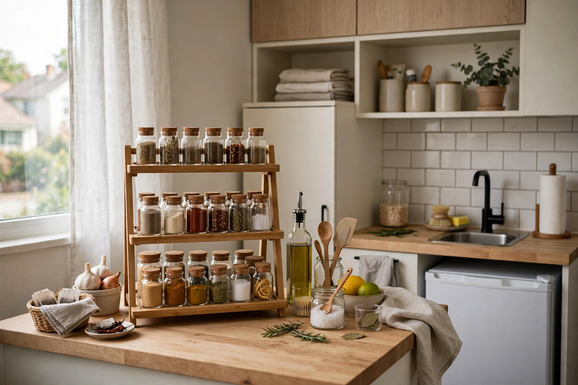 Tiered countertop organizers with spices and supplies in a rental studio kitchenette