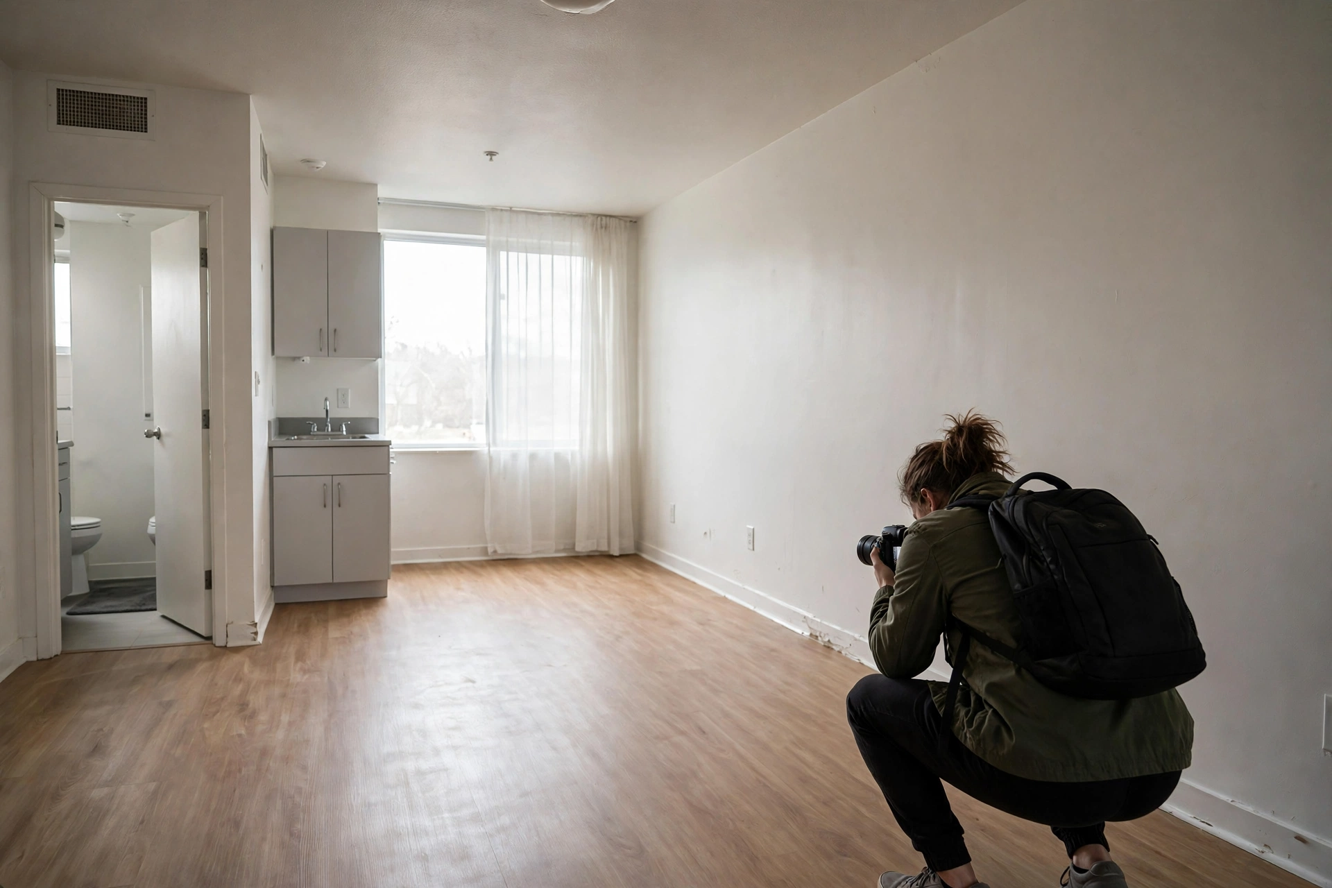 Person photographing apartment walls and floors on move-in day for deposit documentation