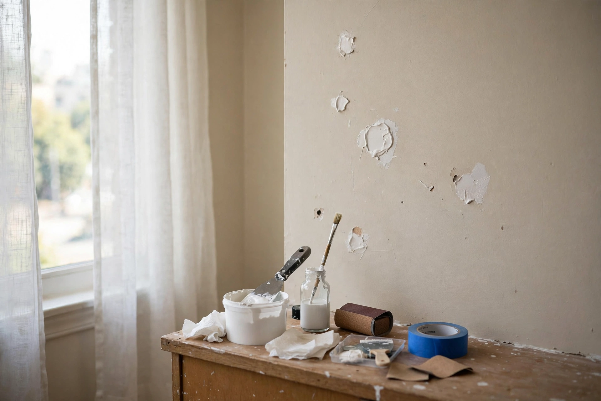 Spackle and touch-up paint kit repairing small wall holes in a rental apartment