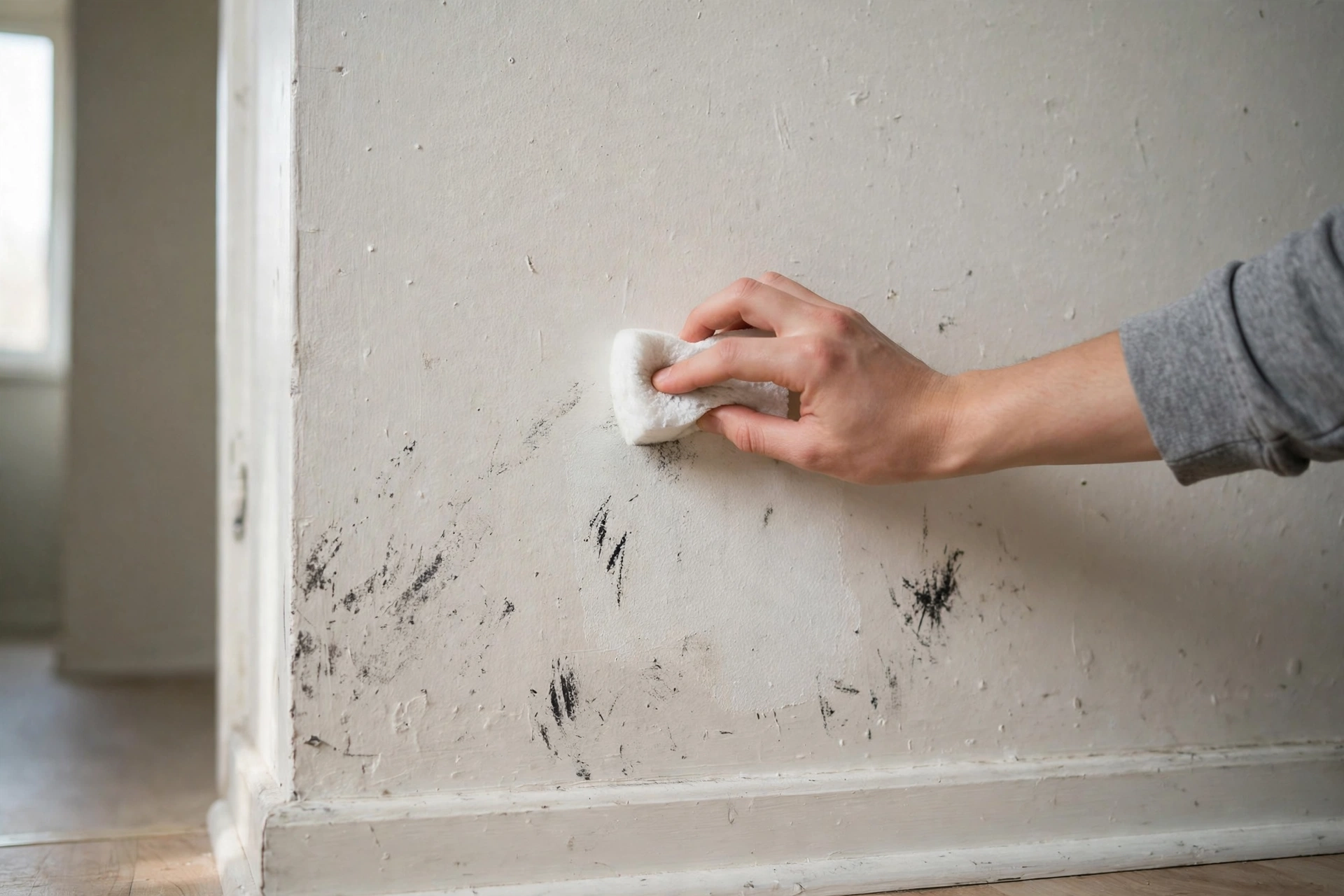 Hand using a magic eraser to remove scuff marks from a wall in a rental apartment