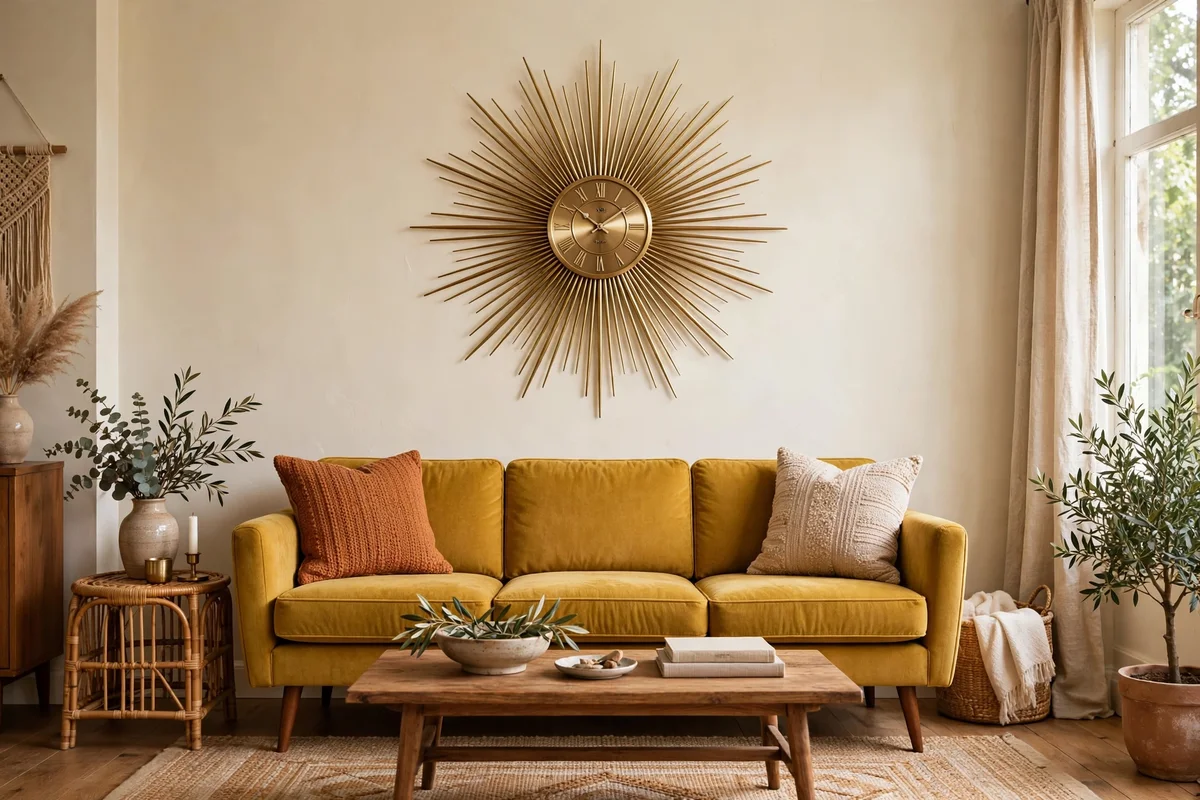 Sunburst clock on retro living room wall