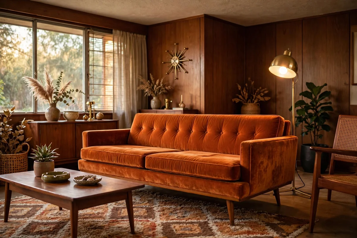 Atomic age sofa with tapered wooden legs in retro living room