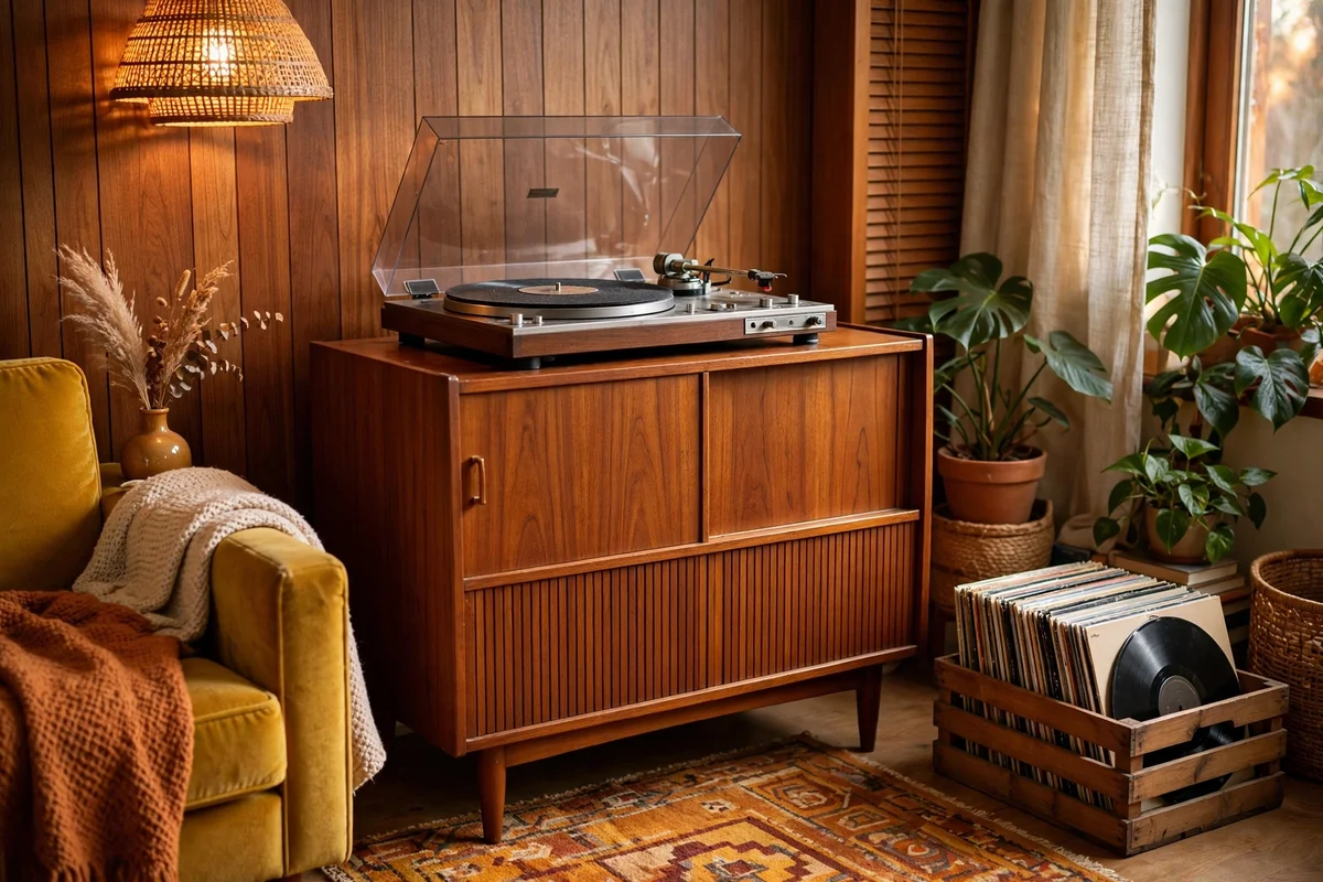 Vinyl record console cabinet with turntable in retro living room
