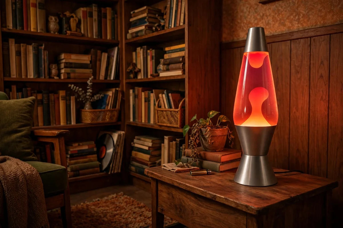 Glowing lava lamp in retro living room corner