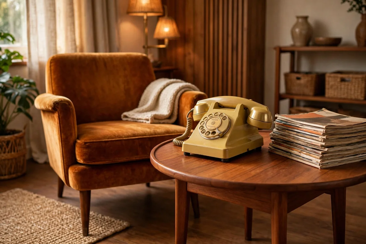 Vintage rotary phone on side table in retro living room