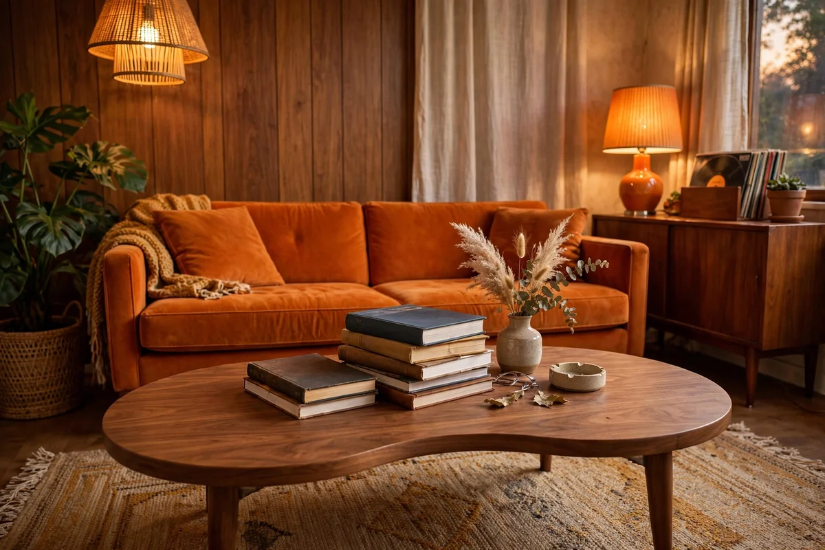 Kidney shaped coffee table in retro living room