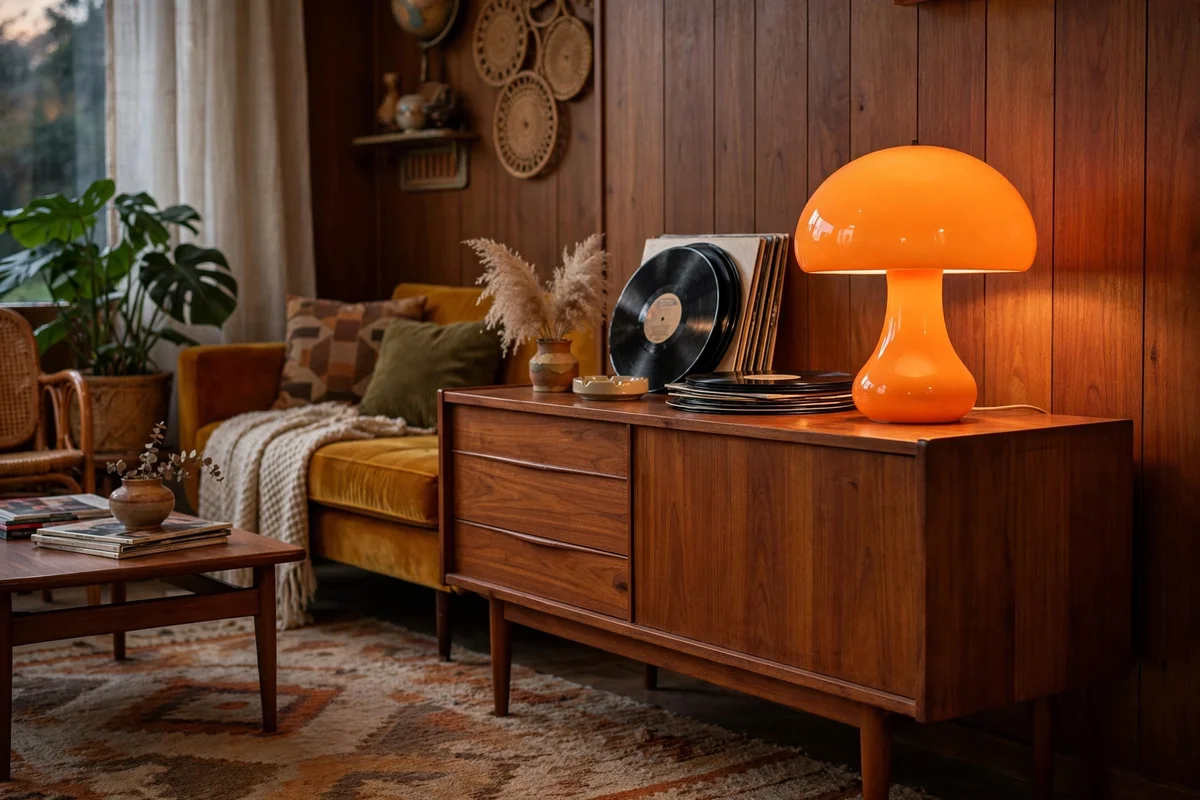 Orange mushroom lamp glowing on sideboard in retro living room