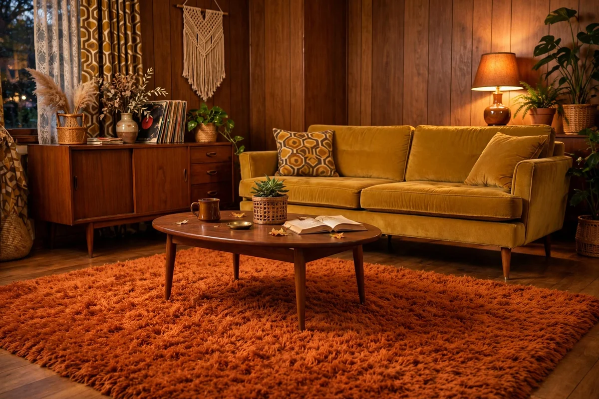 Plush shag rug in retro living room with vintage furniture