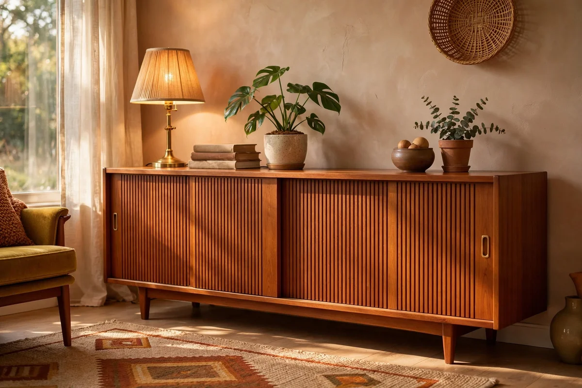 Teak sideboard credenza in retro living room