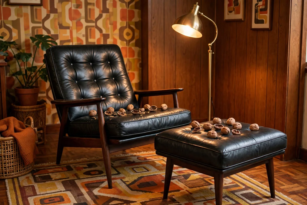 Eames style lounge chair with ottoman in retro living room