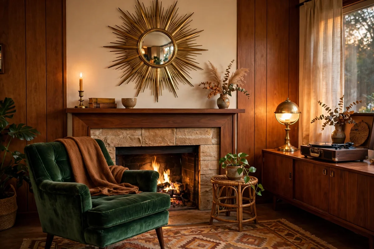 Starburst mirror on wall in retro living room