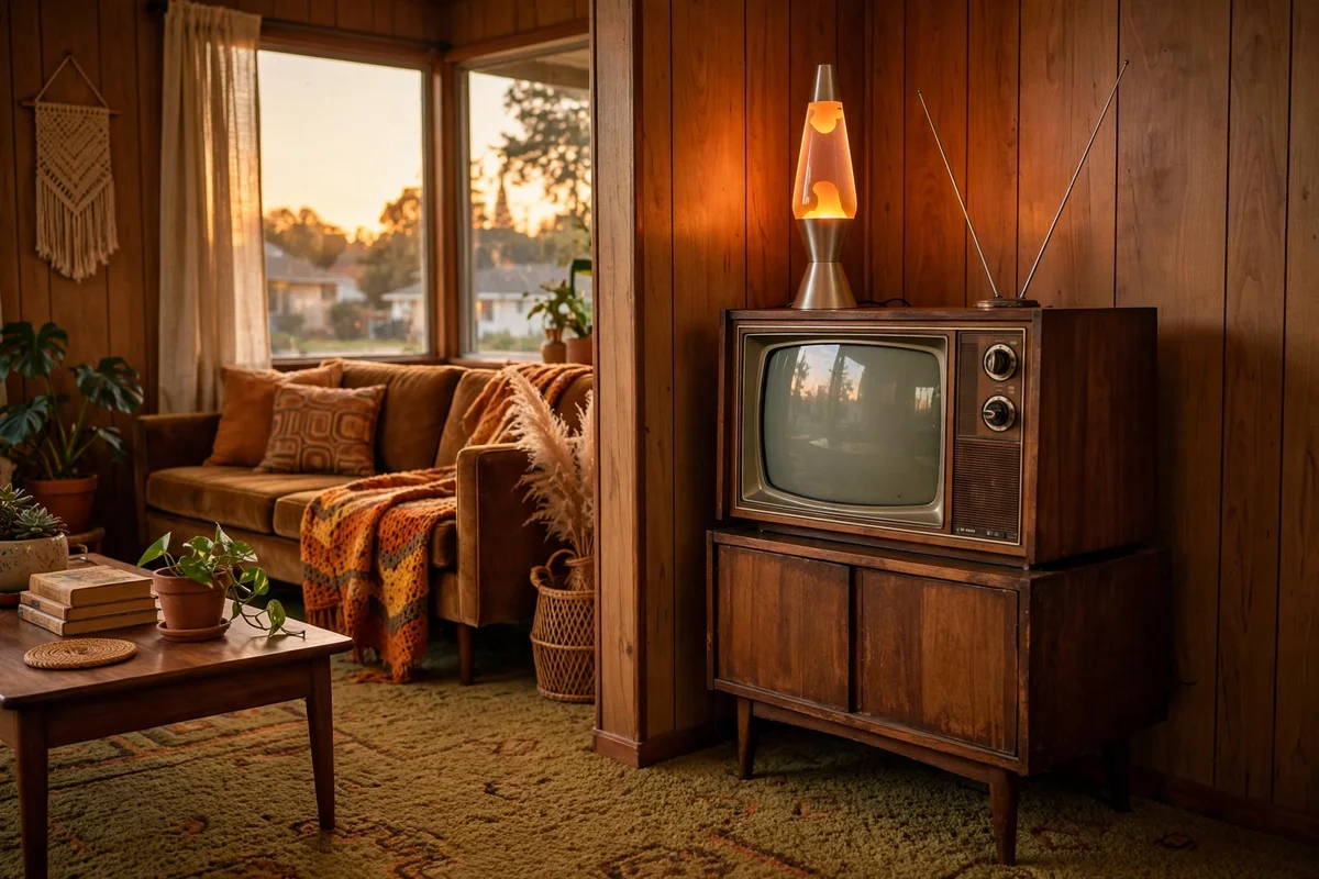 Retro console television in vintage living room corner