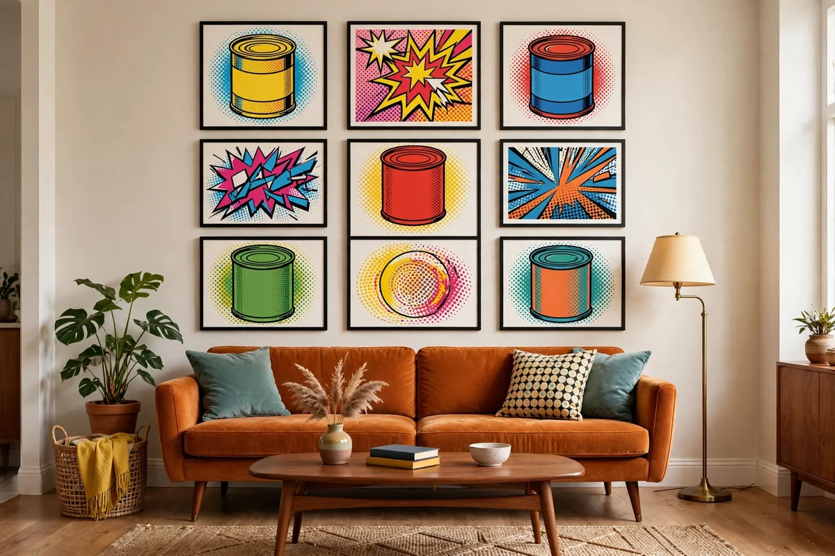 Pop art posters on wall in retro living room