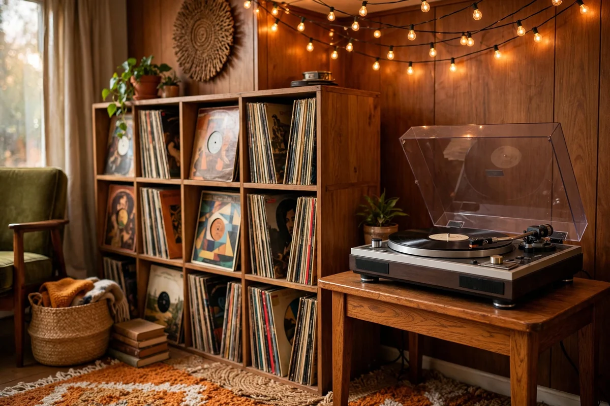 Record player nook with vinyl storage in retro living room