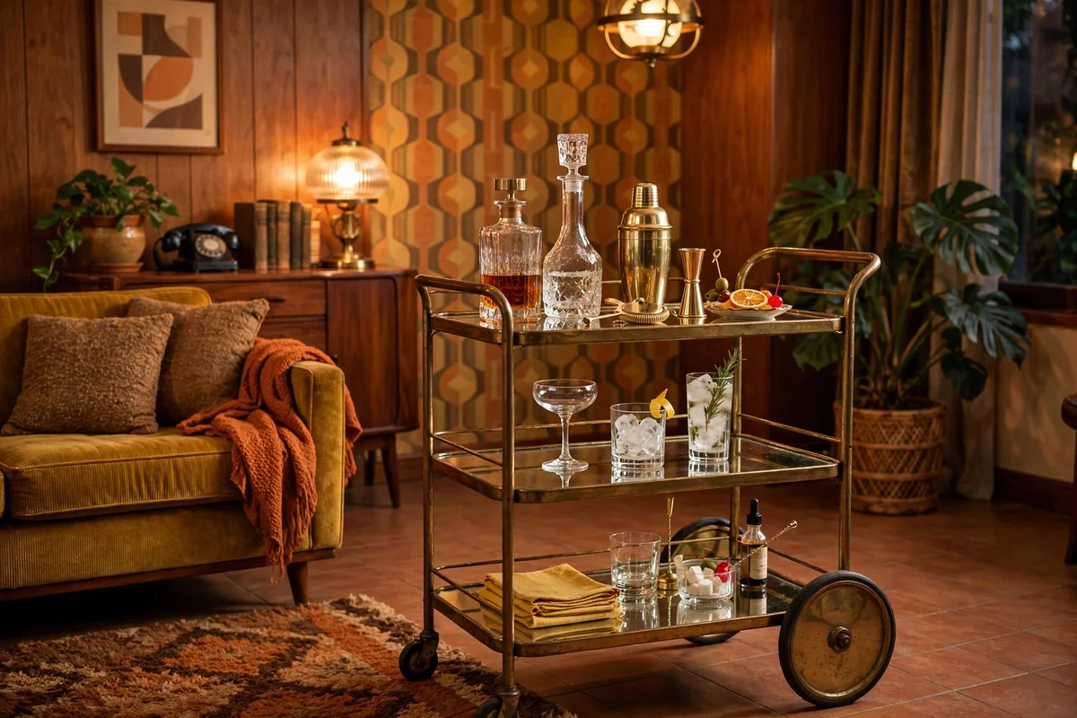 Vintage brass bar cart styled in retro living room
