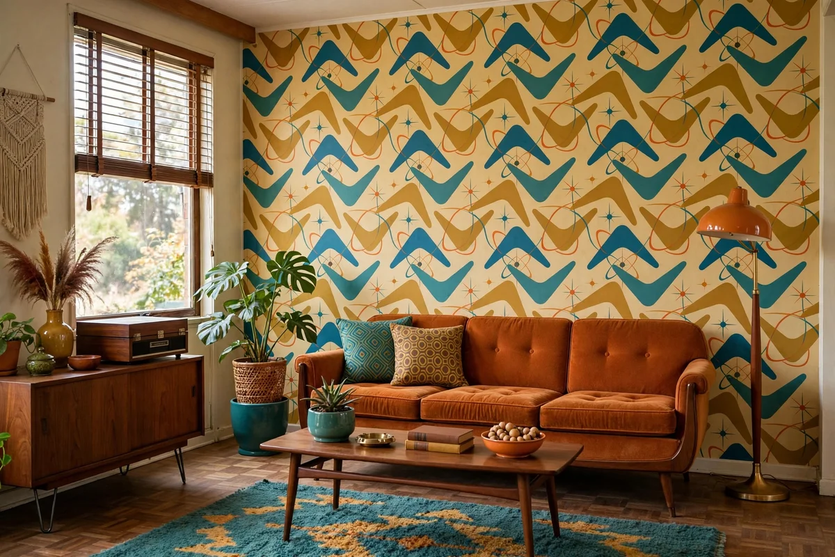Boomerang pattern wallpaper feature wall in retro living room