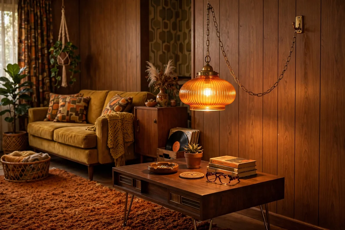 Swag lamp hanging over retro living room seating area