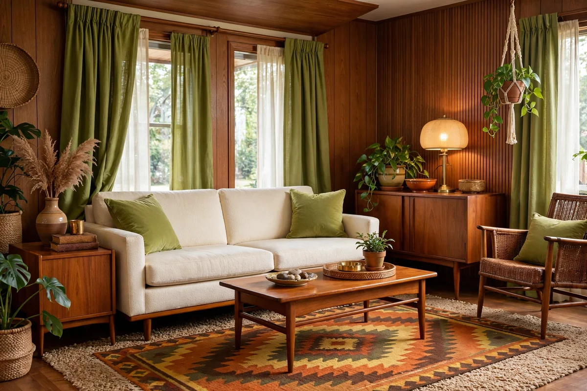 Avocado green accents in retro living room