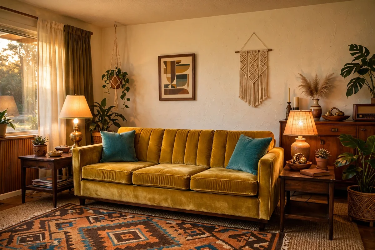Harvest gold sofa in retro living room