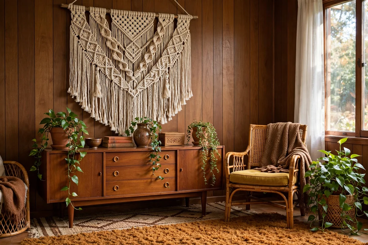 Macrame wall hanging in retro living room