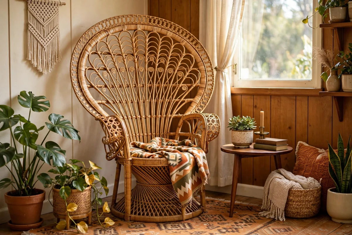 Rattan peacock chair in retro living room corner