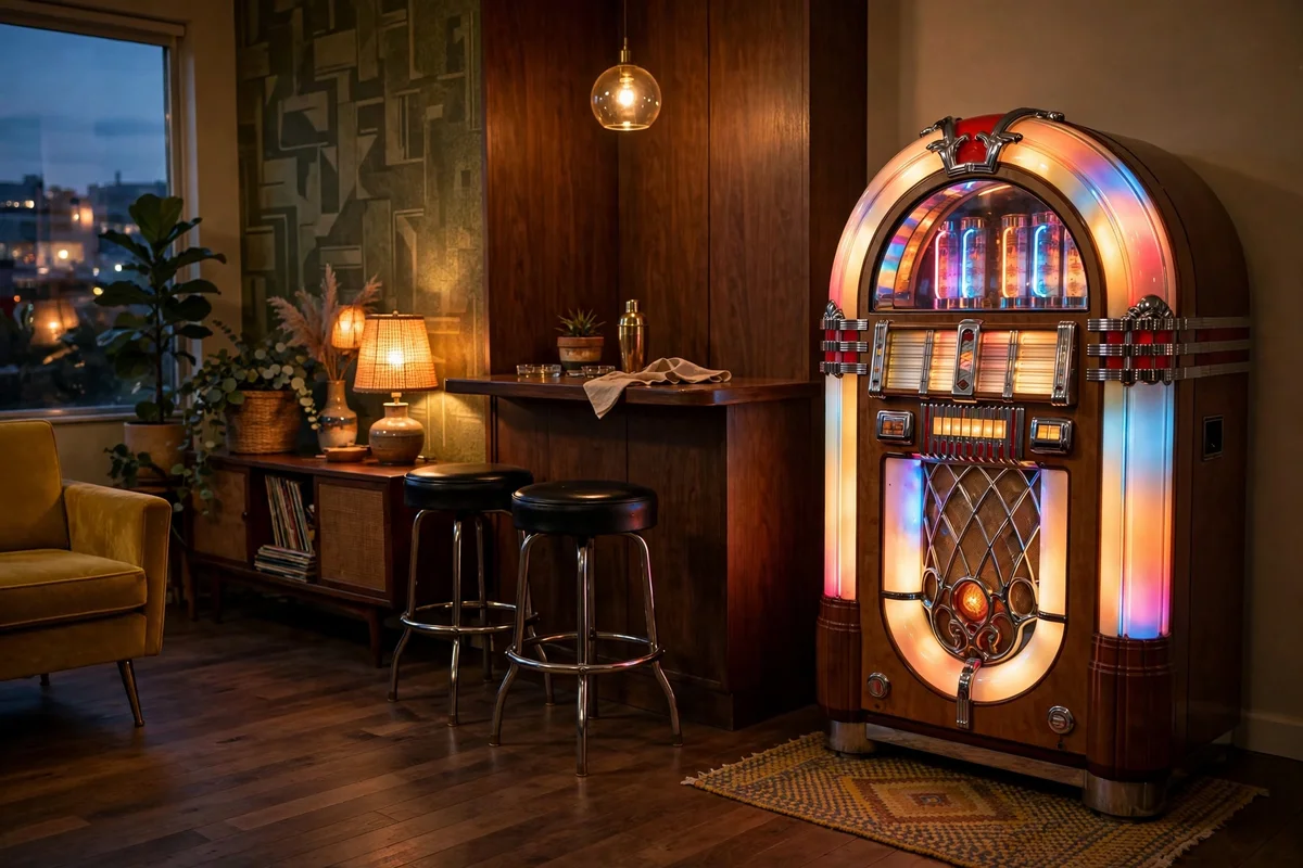 Vintage jukebox glowing in retro living room corner