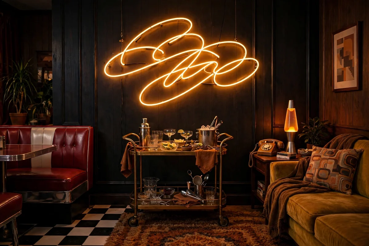 Neon sign art on wall in retro living room