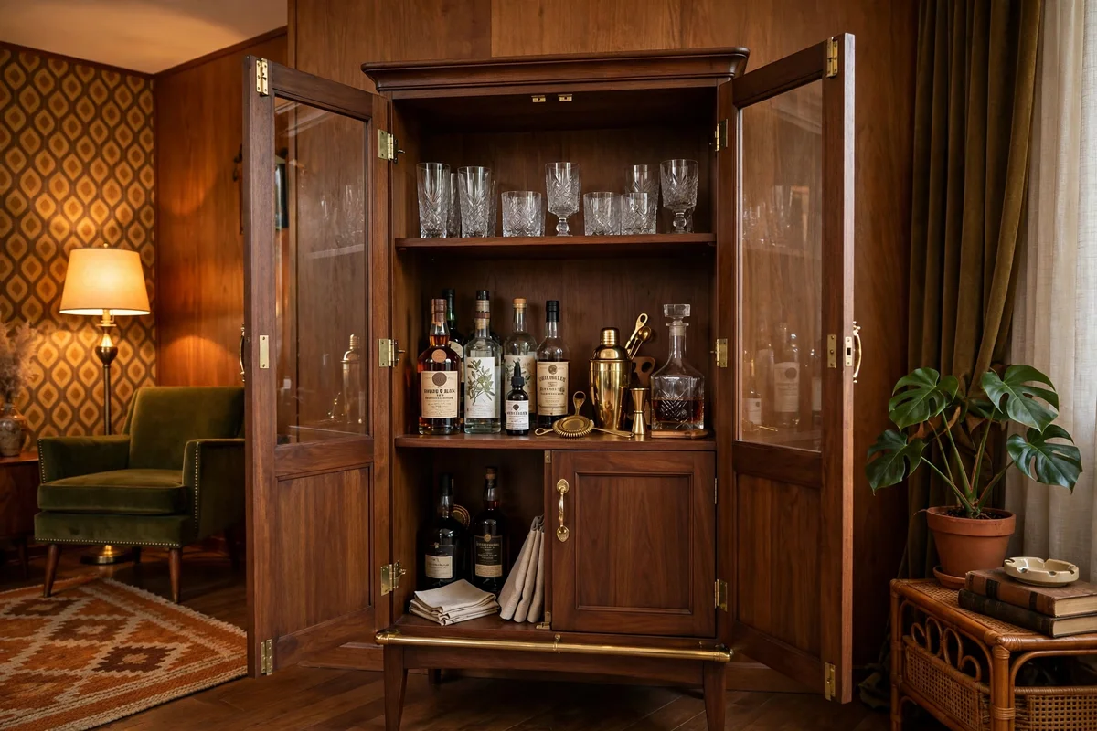 Vintage globe bar open in retro living room