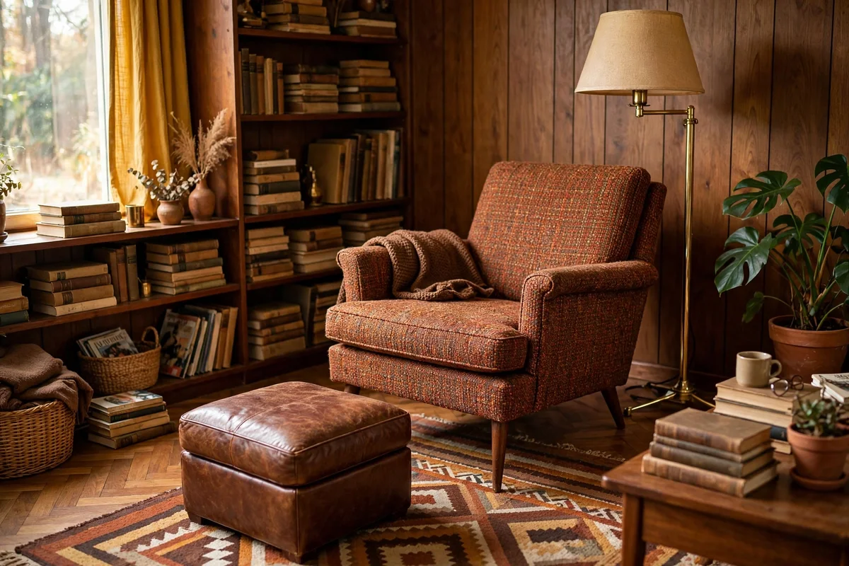 Tweed upholstered accent chair in retro living room