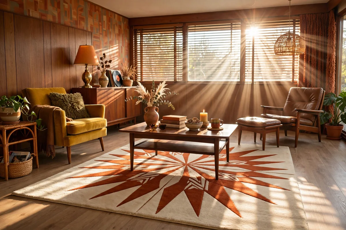 Sunburst pattern rug in retro living room