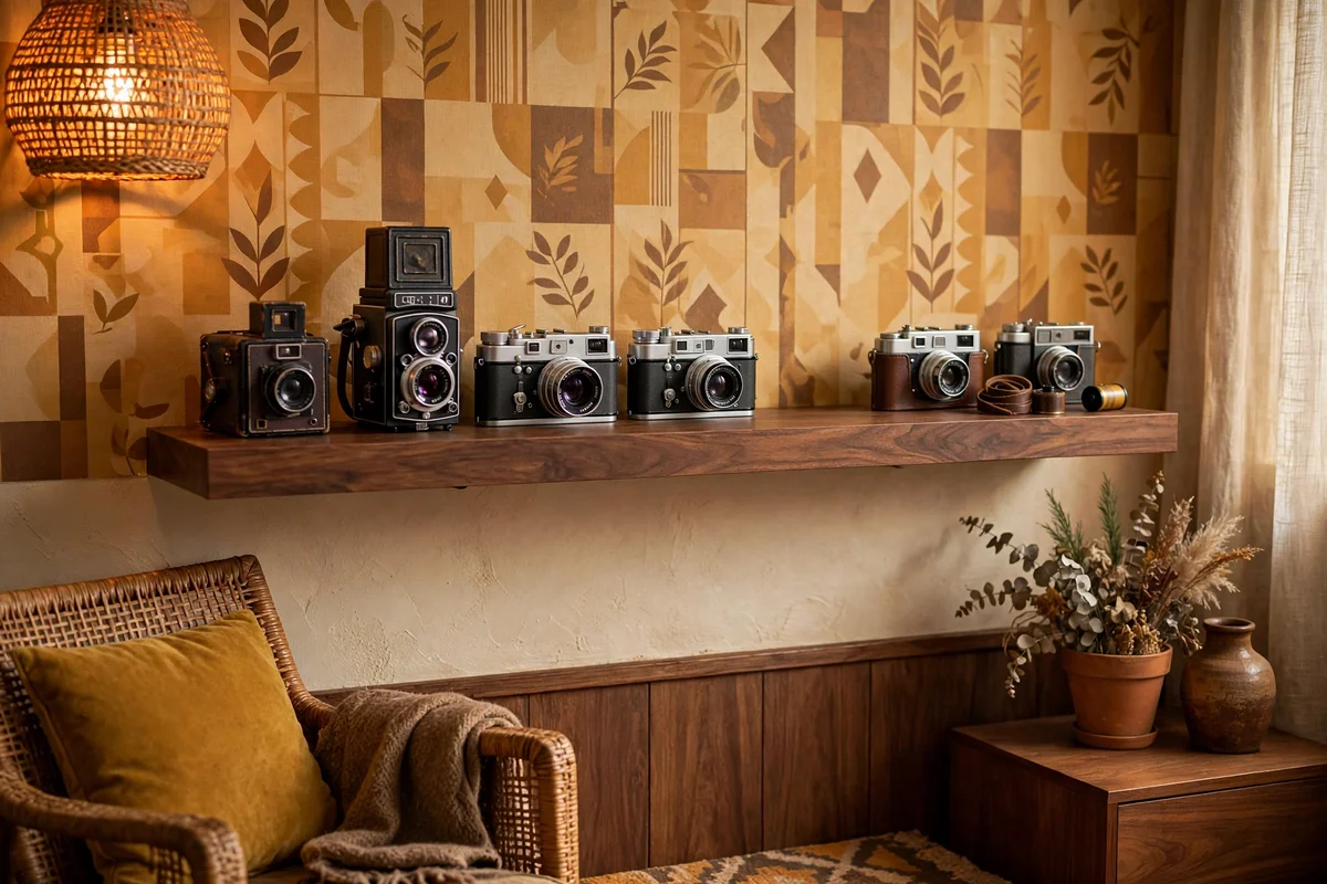 Vintage cameras displayed on shelf in retro living room