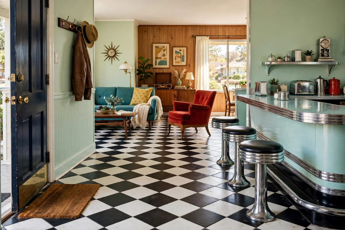Black and white checkerboard floor in retro living room entry