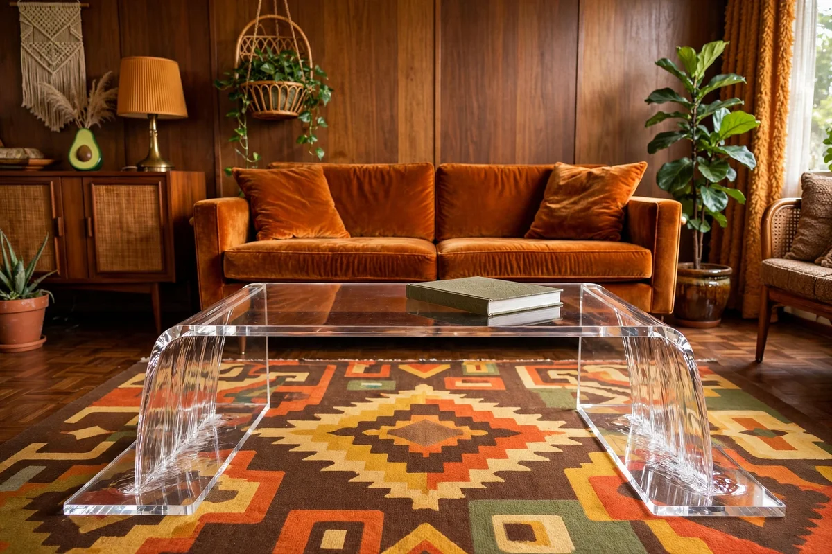 Lucite waterfall coffee table in retro living room