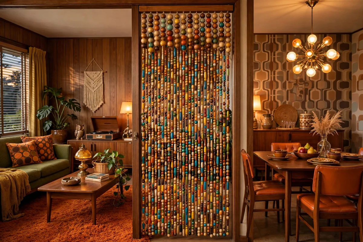 Beaded curtain doorway in retro living room