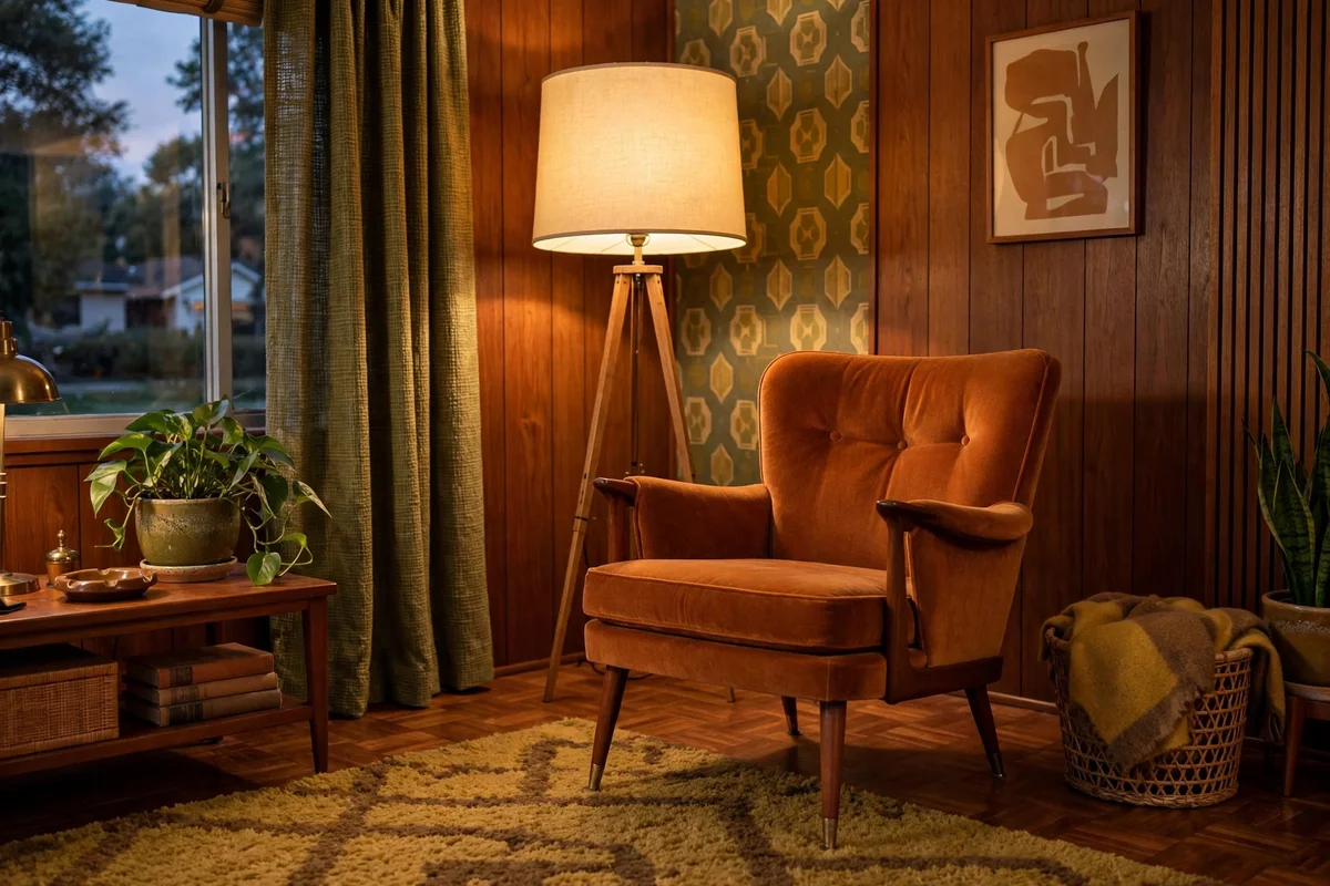Tripod floor lamp in retro living room corner
