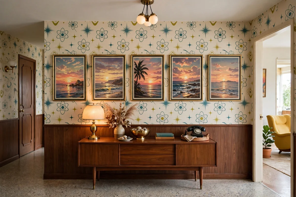Vintage travel posters framed in retro living room