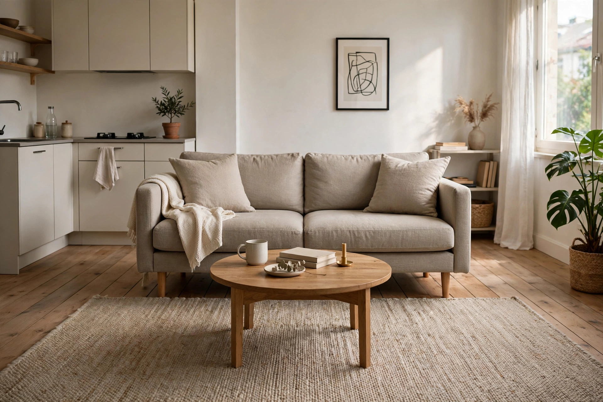 Sofa with front legs on a neutral area rug in a studio apartment living area