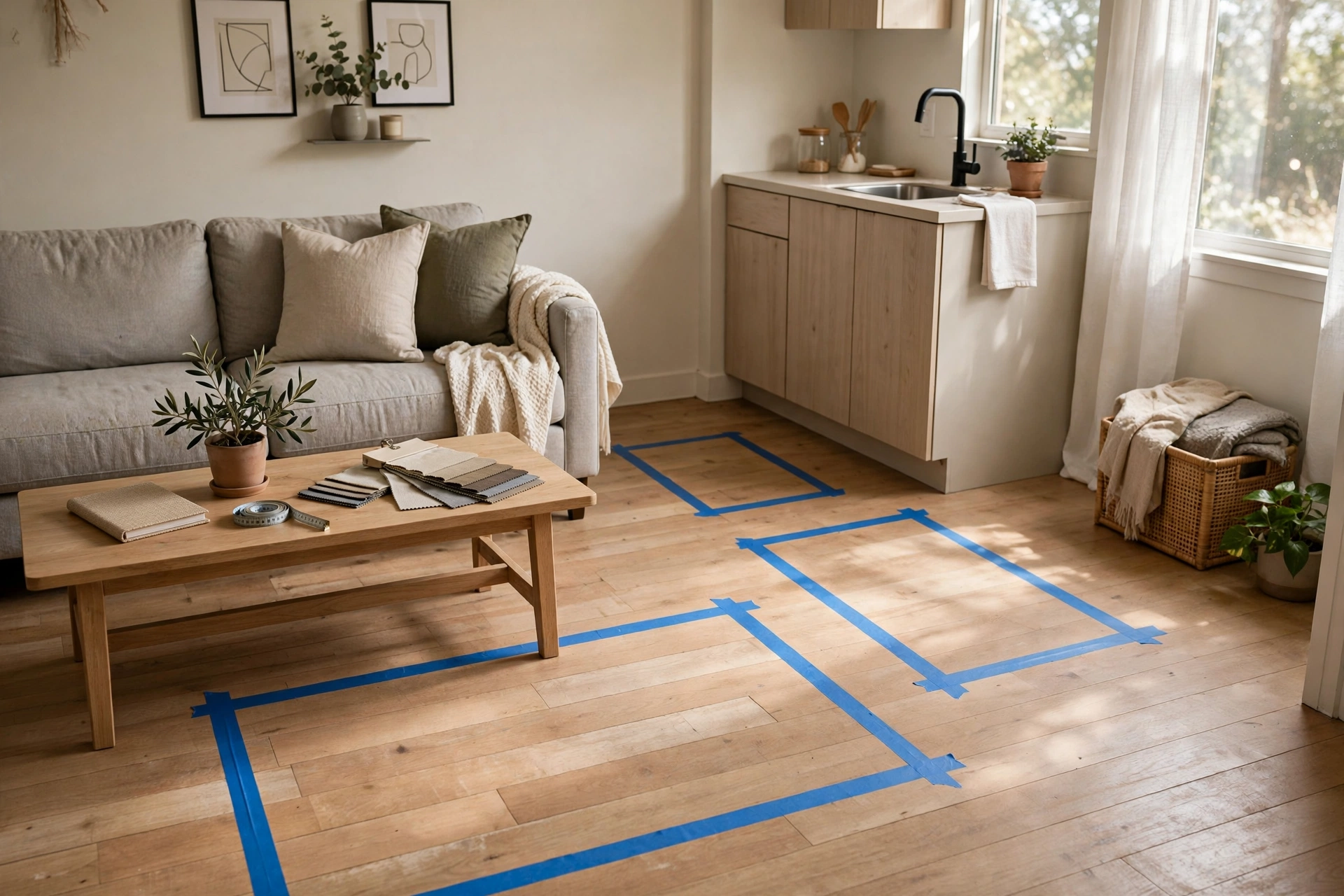 Painter's tape outlines marking rug sizes on a studio apartment wood floor